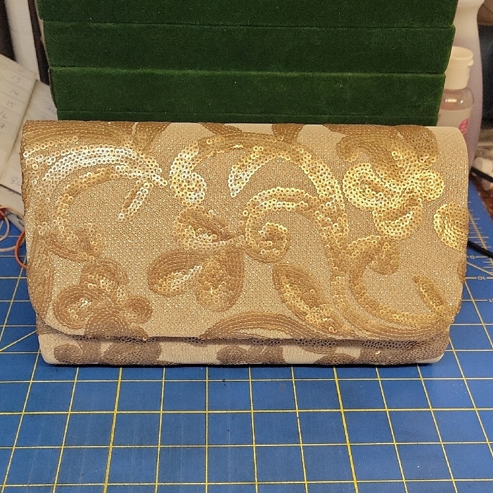 Elegant Gold Sequin Clutch 8.25x2.5x5.5 New